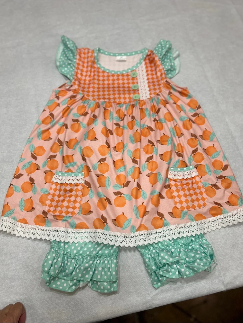 3XL(7-8 girls) Boutique Ruffle Pants Peach Print Dress & Polka Dot shorts